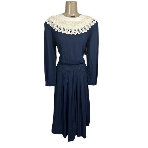 Vintage 80s Kathy Lee Victorian Style Modest Maxi Dress Sz 12 Prairie Navy Blue - Picture 1 of 6